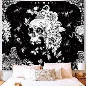 Avinyl Black and White Gothic Tapestry for Bedroom Aesthetic, Skeleton Goth